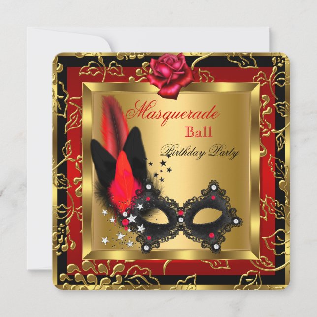 Invitation Bal Masqué Masque Rouge Noir Or Rose (Devant)