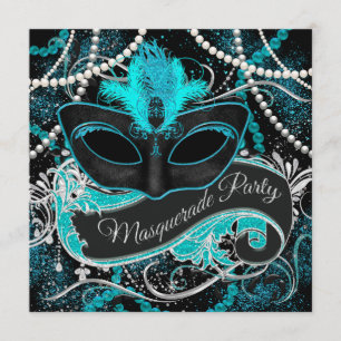 Invitation Bal masqué noir et bleu sarcelle