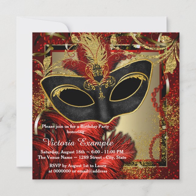 Invitation Bal masqué noir rouge et or (Devant)