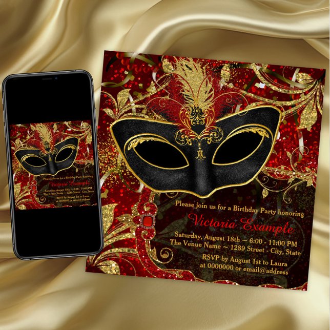Invitation Bal masqué noir rouge et or (Red and gold masquerade party invitation. Any occasion. Digital download and printed available.)