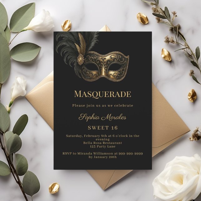 Invitation Bal masqué or noir pour Sweet 16 (Créateur téléchargé)