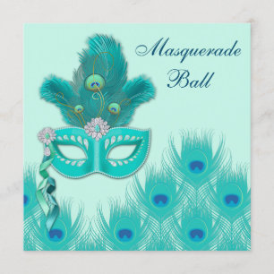 Invitation Bal masqué Paon Bleu Vert Aqua