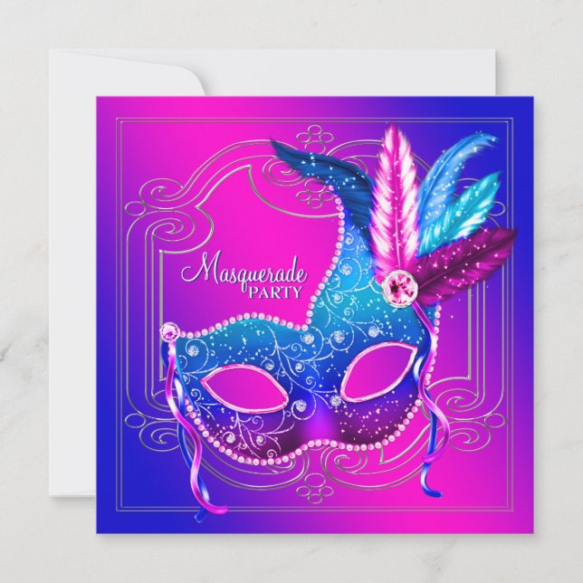 Invitation Bal masqué rose chaud violet sarcelle (Devant)