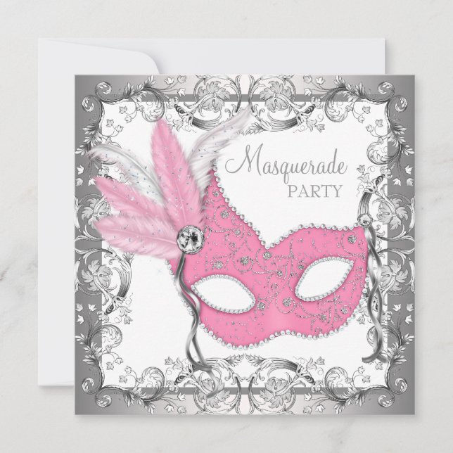 Invitation Bal masqué rose et gris (Devant)