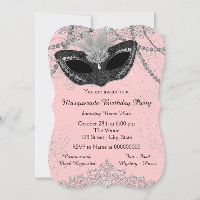 Invitation Bal masqué rose et noir (Devant)