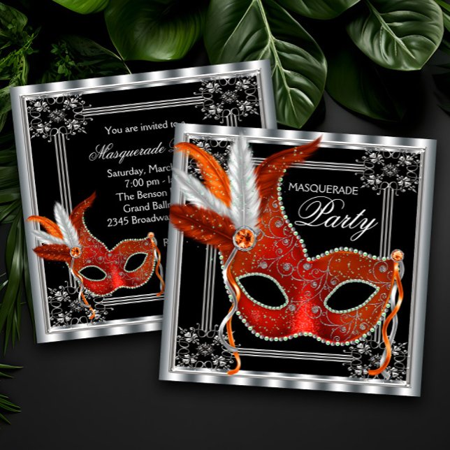 Invitation Bal masqué rouge et noir (Beautiful red, black and silver masquerade party invitation with elegant red feather mask.)