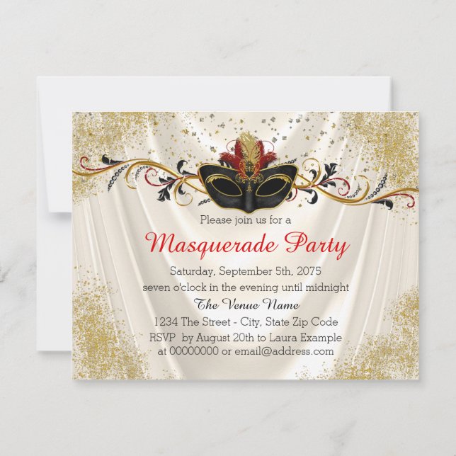 Invitation Bal masqué rouge, noir et or (Dos)