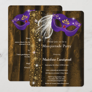 Invitation Bal masqué royal pourpre et or en damas