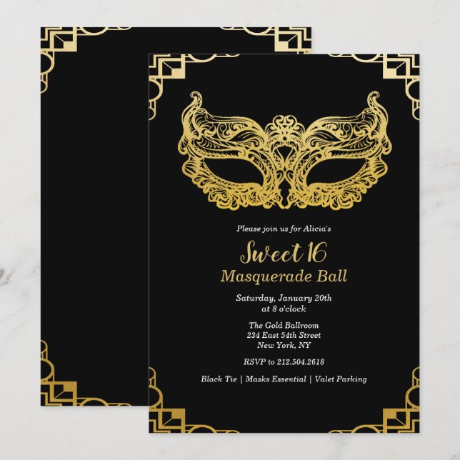 Invitation Bal masqué Sweet 16 (Devant / Derrière)