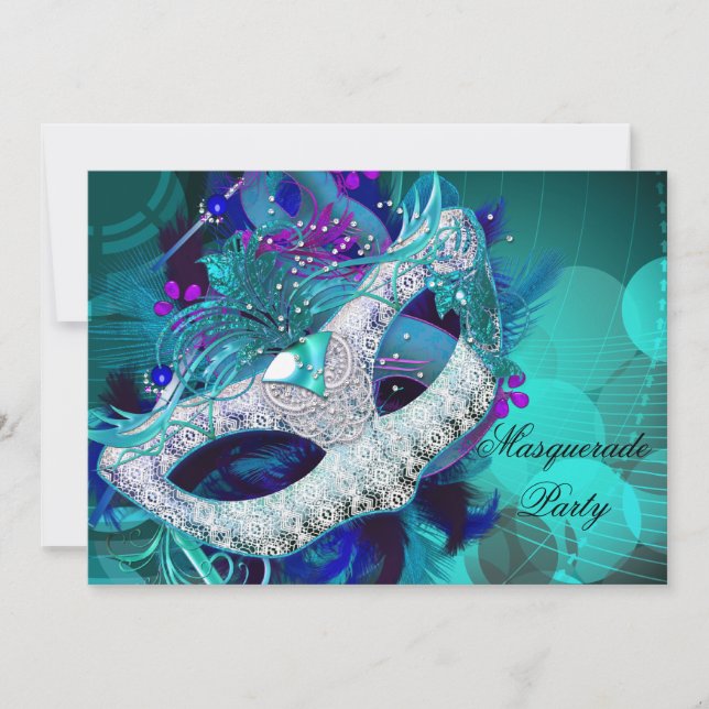 Invitation Bal Masqué Teal Blue Masques Violets E (Devant)
