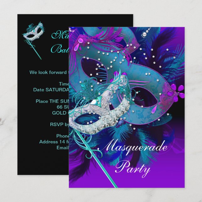 Invitation Bal masqué Teal Blue Purple Masques (Devant / Derrière)