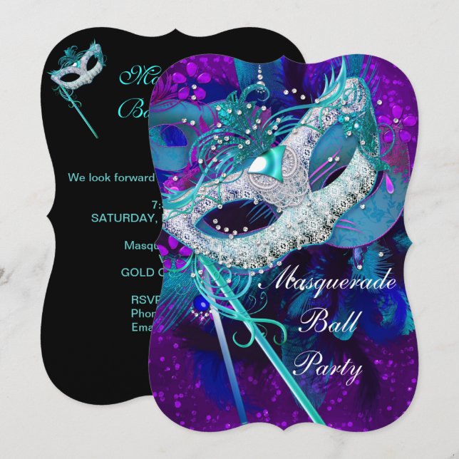 Invitation Bal masqué Teal Blue Purple Masques B (Devant / Derrière)