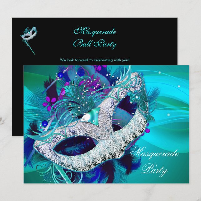 Invitation Bal masqué Teal Blue Purple Masques D (Devant / Derrière)