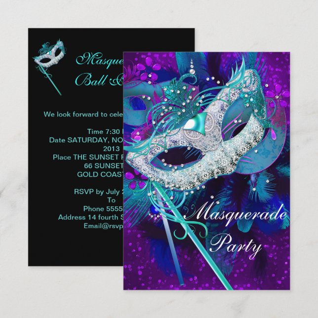 Invitation Bal masqué Teal Blue Purple Masques SML (Devant / Derrière)