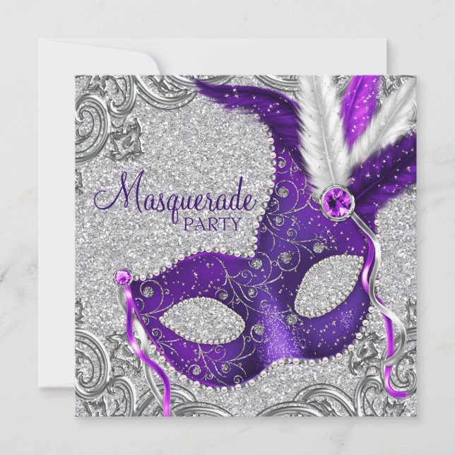 Invitation Bal masqué Violet Argent et Rose (Devant)