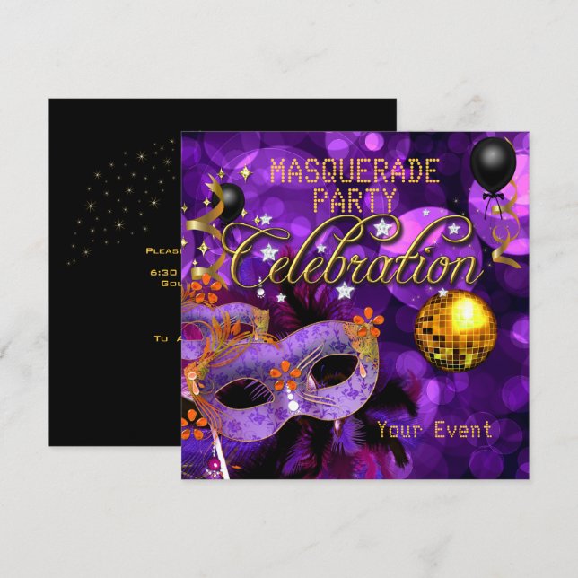Invitation Bal masqué Violet Or Soirée Danse Disco (Devant / Derrière)
