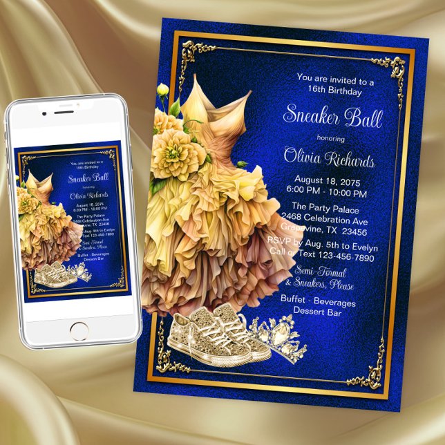 Invitation Bal royal bleu et or de chaussures de sport (Royal blue gold sneaker ball invitation. Instant download and printed invitations available.)