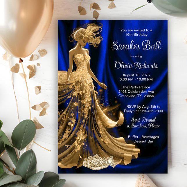 Invitation Bal royal élégant bleu royal et or (Elegant royal blue gold sneaker ball invitation. All text, font and wording can be changed.)