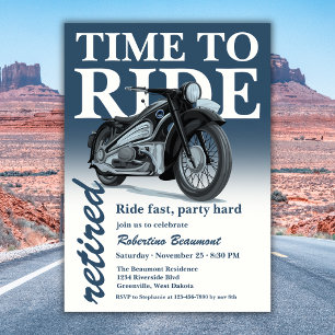 Invitation Balade en moto bleue classique, départ à la retrai