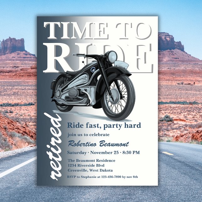 Invitation Balade en moto bleue classique, fête de retraite e (Créateur téléchargé)