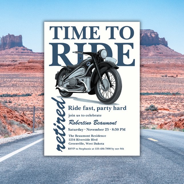 Invitation Balade en moto bleue classique, fête de retraite e (Créateur téléchargé)
