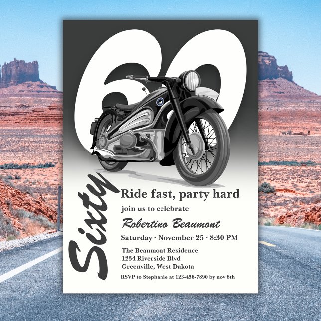 Invitation Balade en moto classique grise - 60 ans (Créateur téléchargé)