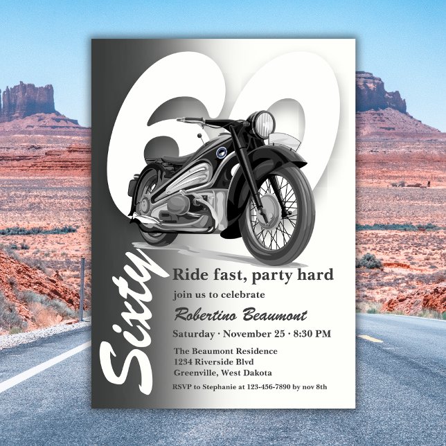 Invitation Balade en moto classique grise - 60 ans (Créateur téléchargé)