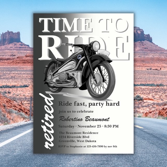 Invitation Balade en moto classique grise pour une fête de re (Créateur téléchargé)