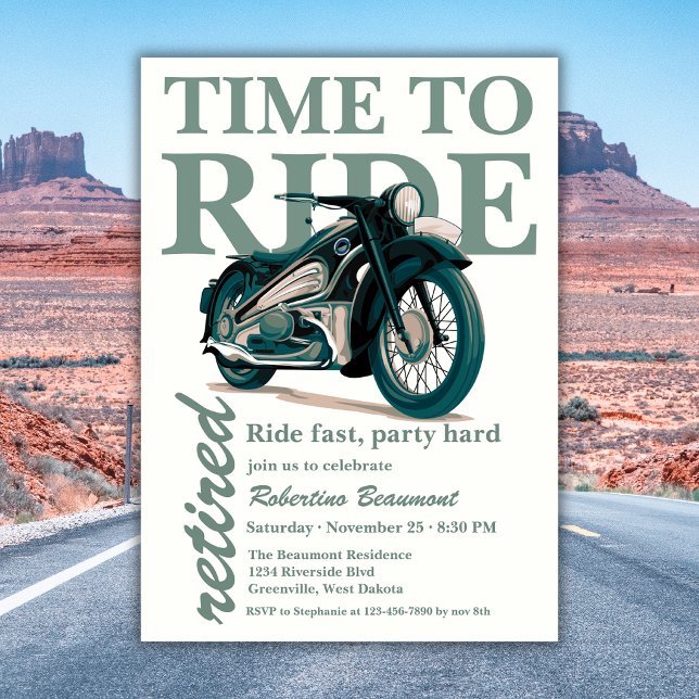 Invitation Balade en moto classique verte pour une fête de re (Créateur téléchargé)