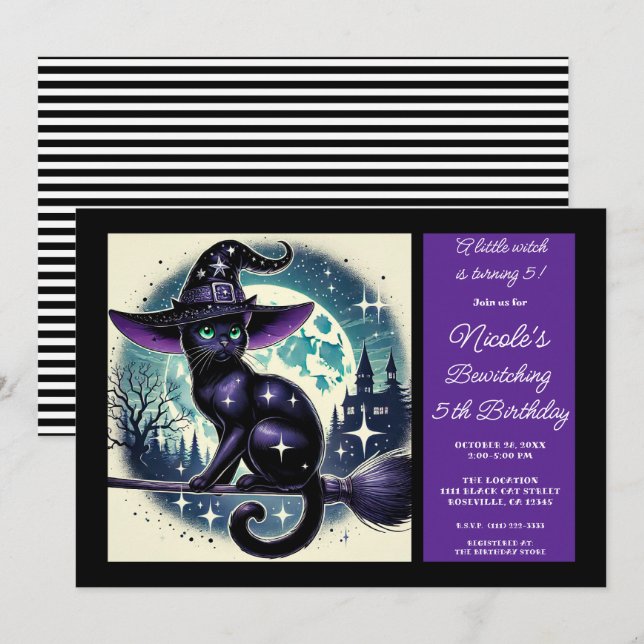 Invitation Balai de Sorcière Chat Noir Magie Halloween Annive (Devant / Derrière)