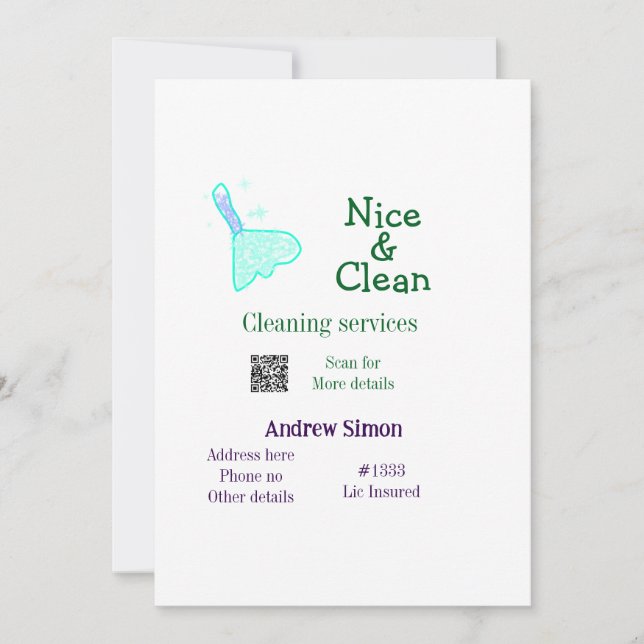 Invitation Balai nettoyant vert bleu gitter ajouter nom adres (Devant)