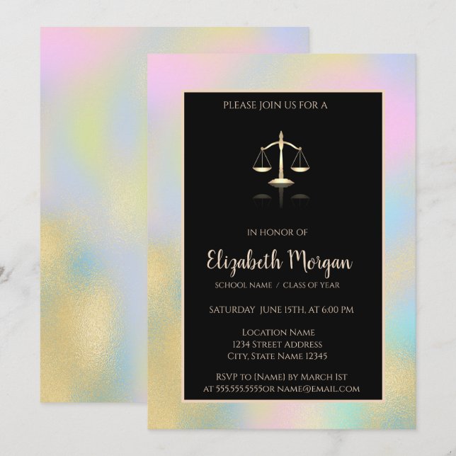 Invitation Balance de justice dorée Fête de fin d'études holo (Devant / Derrière)