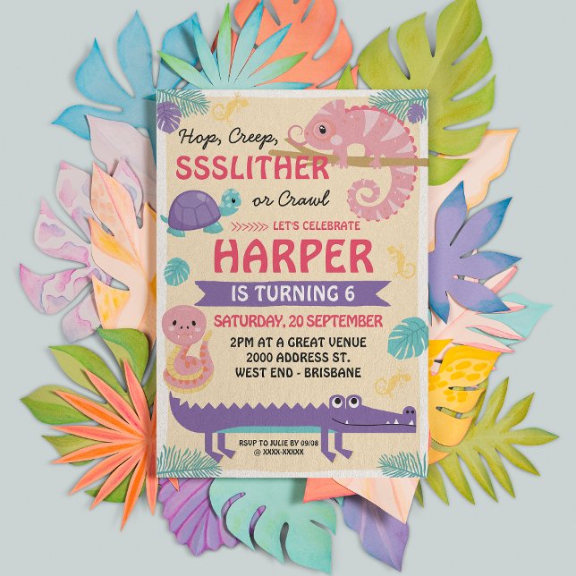 Invitation Balances et queues Reptile fille Anniversaire (Créateur téléchargé)