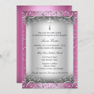 Invitation Balayage en argent rose & Baptême croisé/Baptême