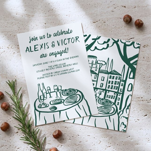 Invitation Balcon à dîner fantaisiste sur mesure pour fêtes d (Whimsical Buffet Table Balcony Dinner Hand-drawn Custom Engagement Party Invitation
)
