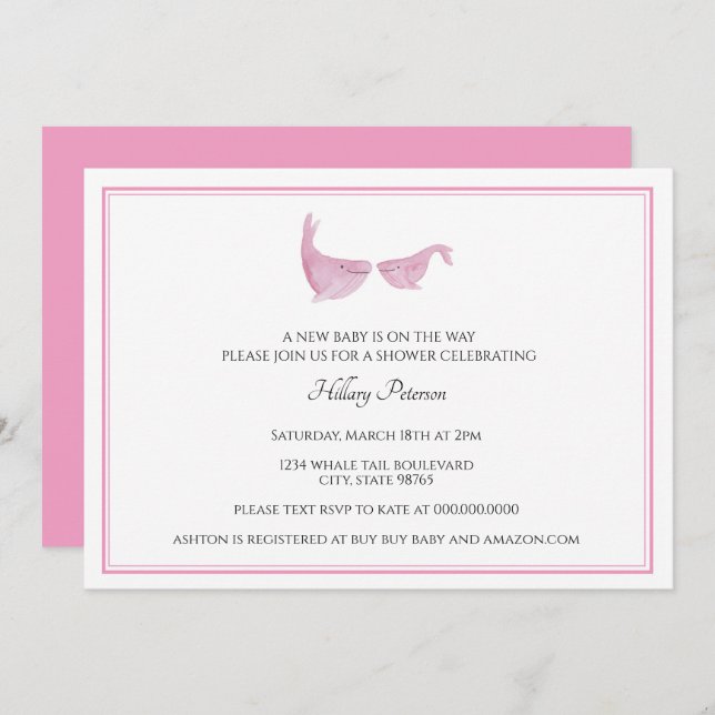 Invitation Baleine baby shower rose Aquarelle fille (Devant / Derrière)