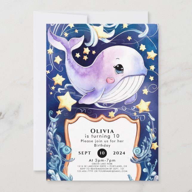 Invitation Baleine bleu simple pour enfants anniversaire (Devant)