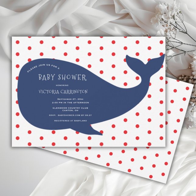 Invitation Baleine bleue Baby shower Polkadot rouge (Créateur téléchargé)