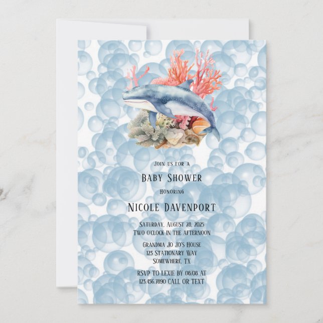Invitation Baleine Bleue Coral Reef Bubbles Baby shower garço (Devant)