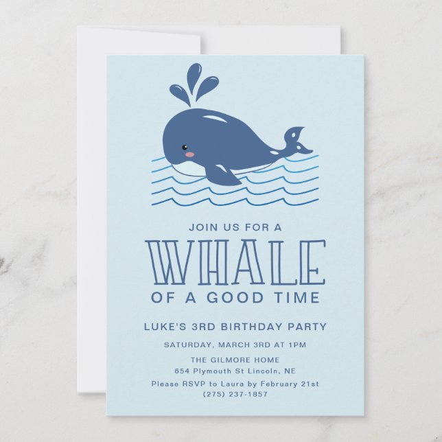 Invitation Baleine d'un bon temps bébé garçon fête d'annivers (Devant)