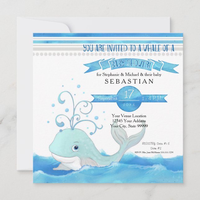Invitation Baleine d'un petit Baby shower Cute Aqua Blue Grey (Devant)