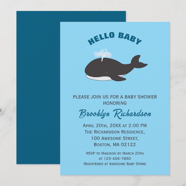 Invitation Baleine grise Bleu sous la mer Bonjour Baby shower (Devant / Derrière)