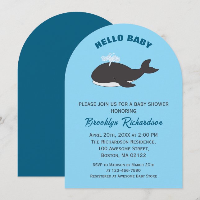 Invitation Baleine grise Bleu sous la mer Bonjour Baby shower (Devant / Derrière)