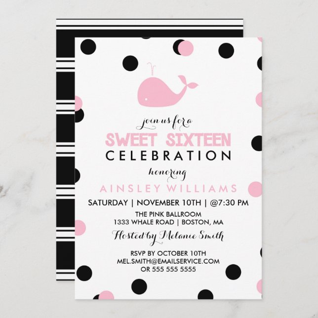 Invitation Baleine mignonne | Sweet sixteen noir et rose (Devant / Derrière)