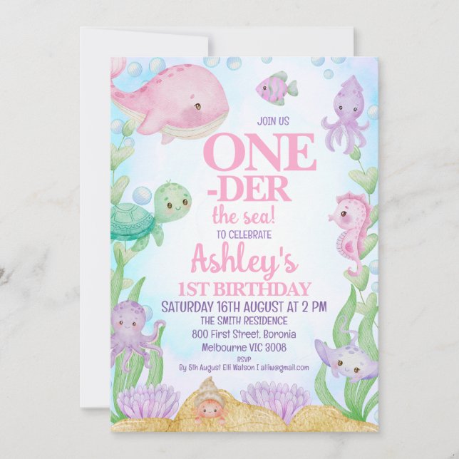 Invitation Baleine rose au-dessus de la mer 1er anniversaire (Devant)