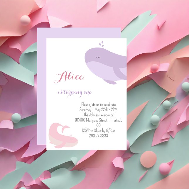 Invitation Baleine rose Lilac Poisson de mer 1ère fête d'anni (Créateur téléchargé)