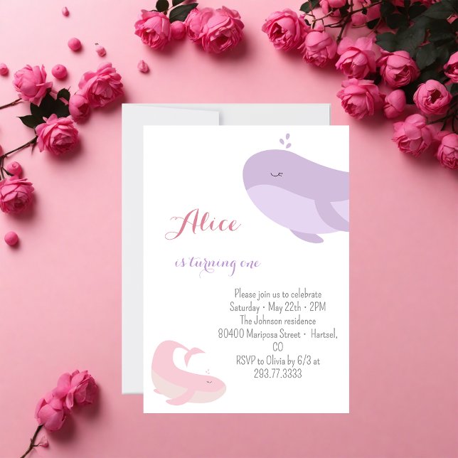 Invitation Baleine rose Lilac Poisson de mer 1ère fête d'anni (Créateur téléchargé)
