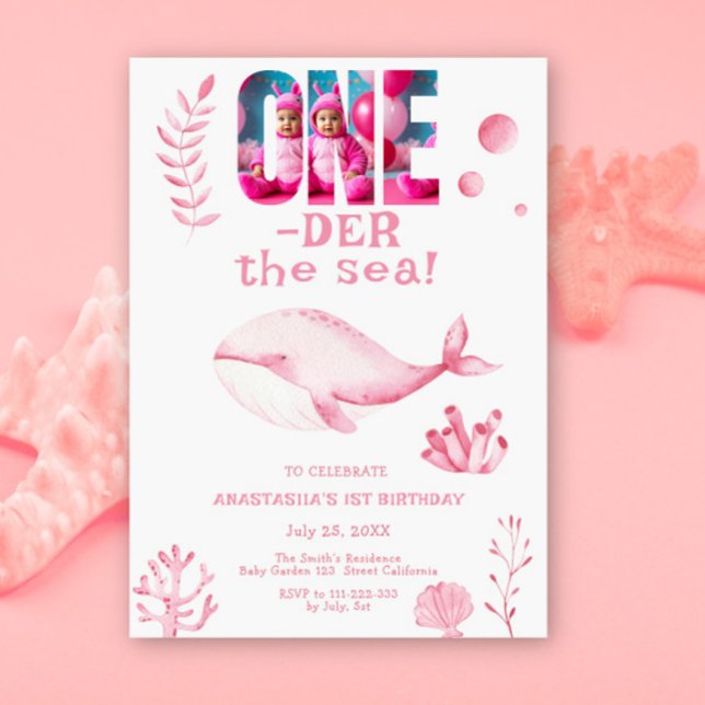 Invitation Baleine Rose OneDer La Mer 1er Anniversaire  (Créateur téléchargé)
