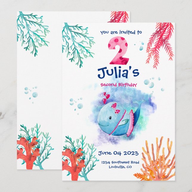 Invitation Baleine sous la mer, animaux de l'océan anniversai (Devant / Derrière)