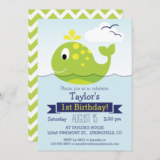 Invitation Baleine verte fête d'anniversaire (Devant / Derrière)